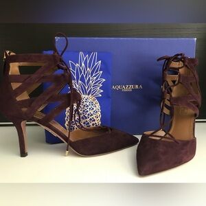 Brand New Aquazzura Belgravia 75 Suede Prune Lace-up Heel Pump Shoes 37.5